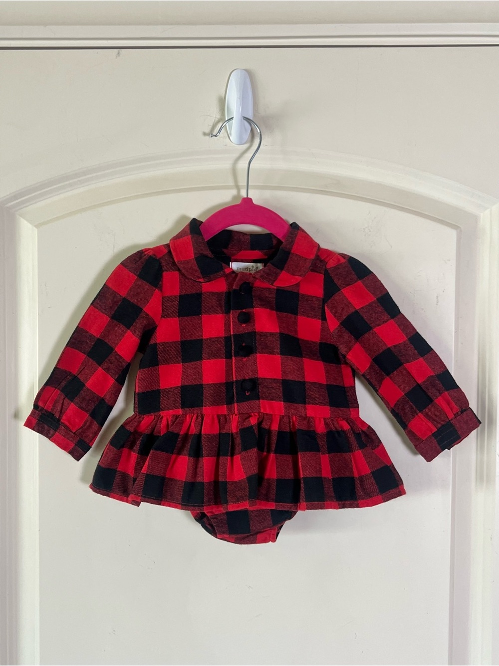 Mud Pie Baby Girls Buffalo Plaid Flannel Ruffle Button Romper Onesie 3/6M